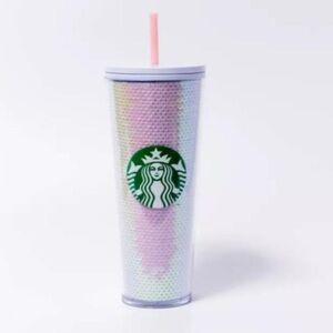 NWT STARBUCKS Venti Pink White Sequin Shimmer Cold Cup Tumbler 24 oz